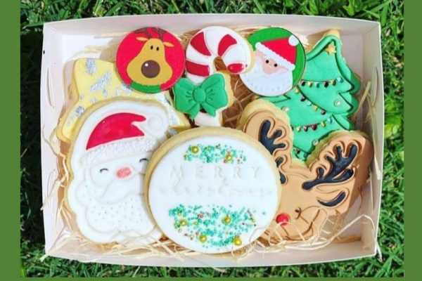 Christmas cookie box with green background