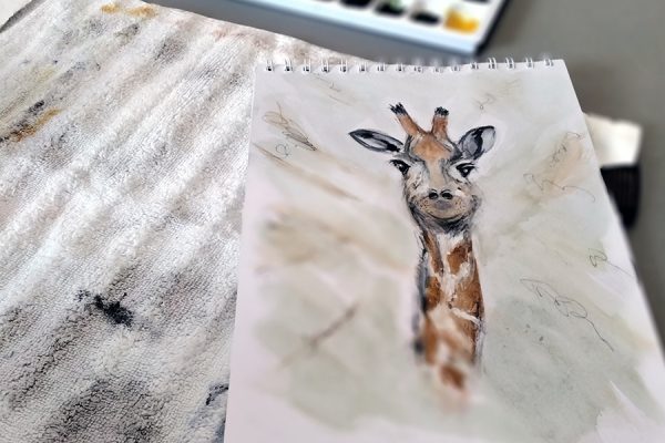 Artwork of giraffe created in drawing and painting class